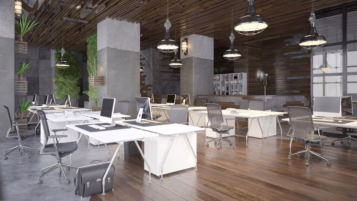 Sophisticated executive office with white desks, high-back chairs, and decorative wall panels