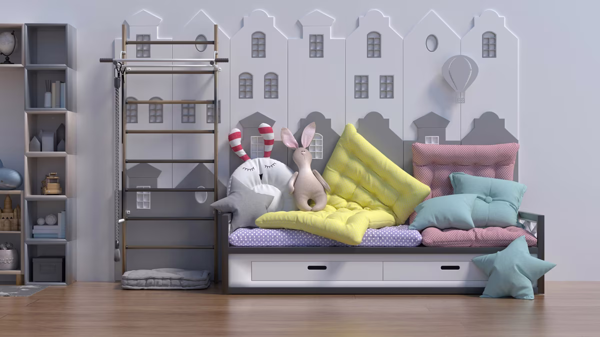 Modern kids room with white cityscape wall design and climbing wall
