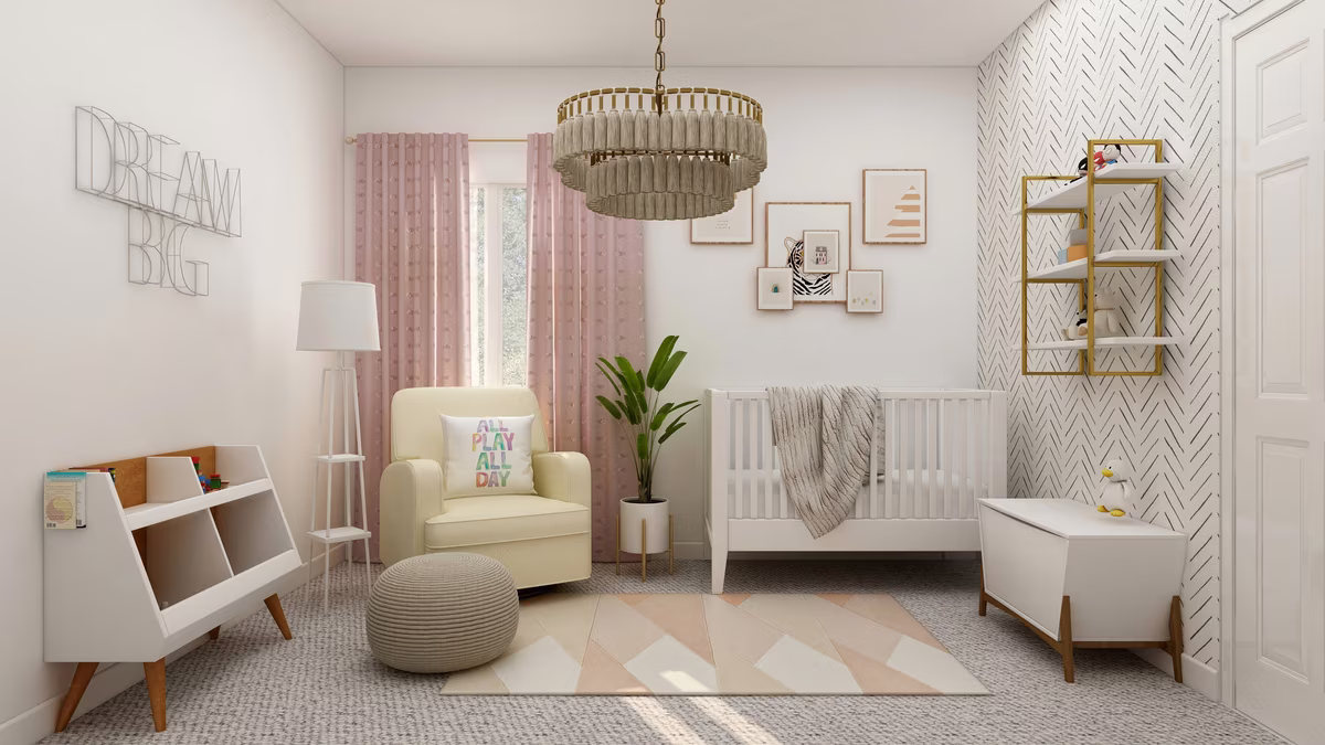 Modern luxury nursery with geometric wallpaper and gold chandelier