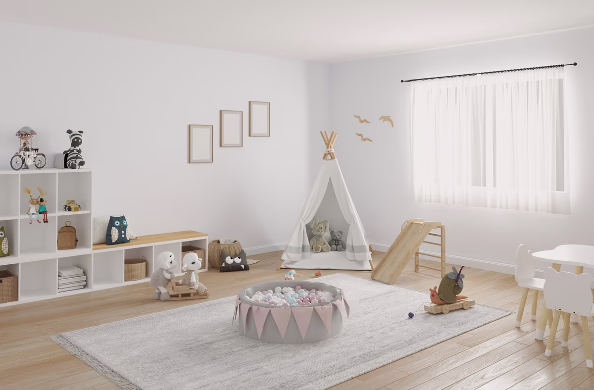 Modern Montessori playroom with climbing equipment and organized play zones