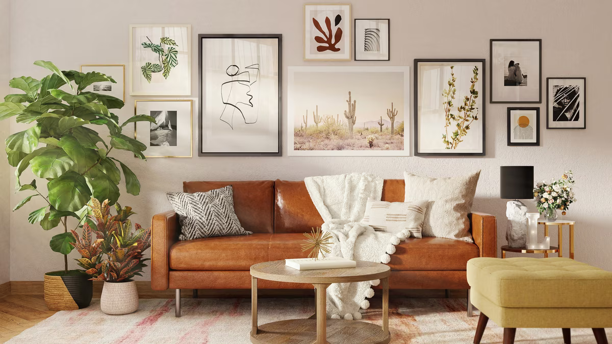 Bohemian living room with gallery wall and cognac leather sofa