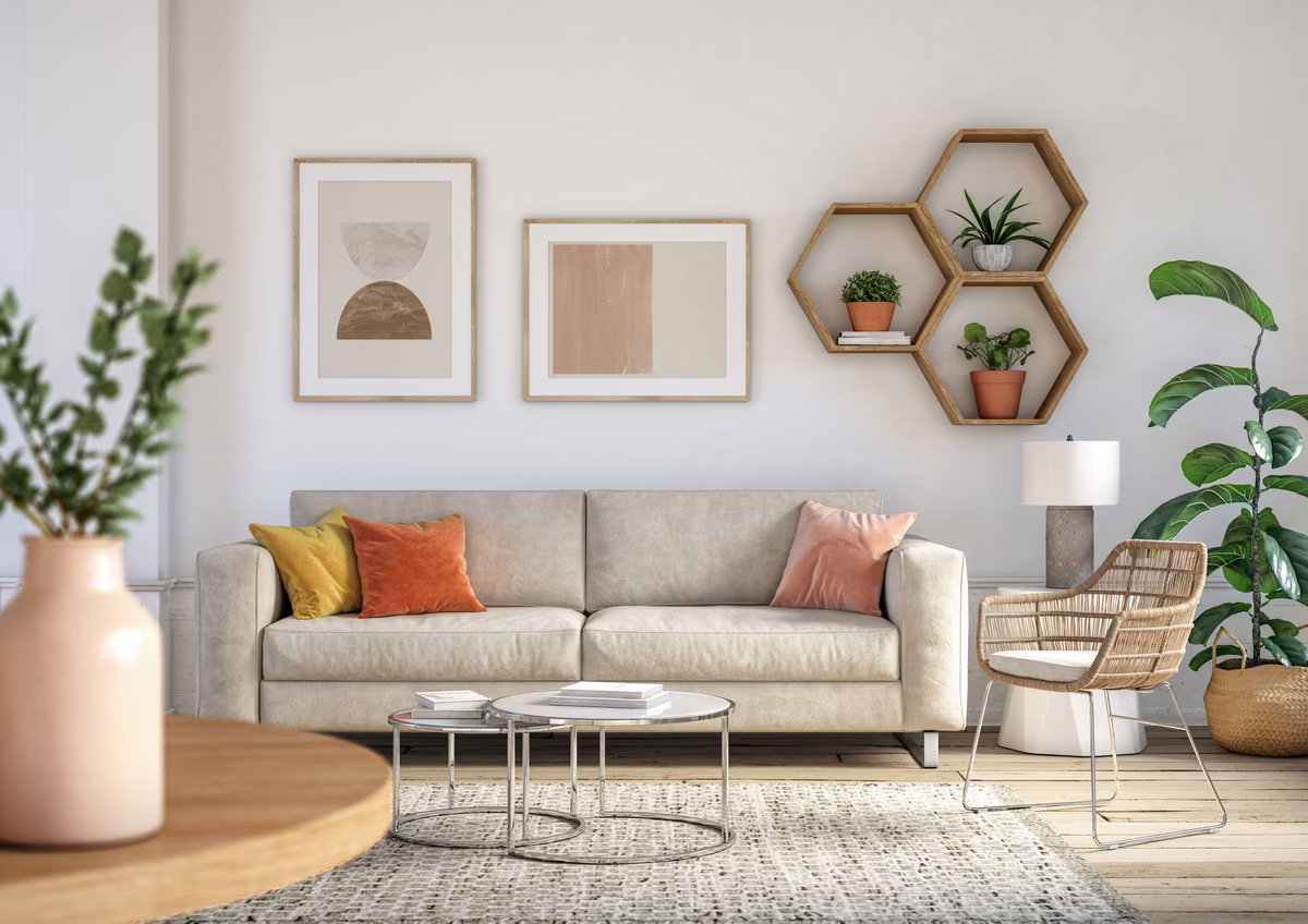 Scandinavian living room with hexagonal shelves and modern artwork
