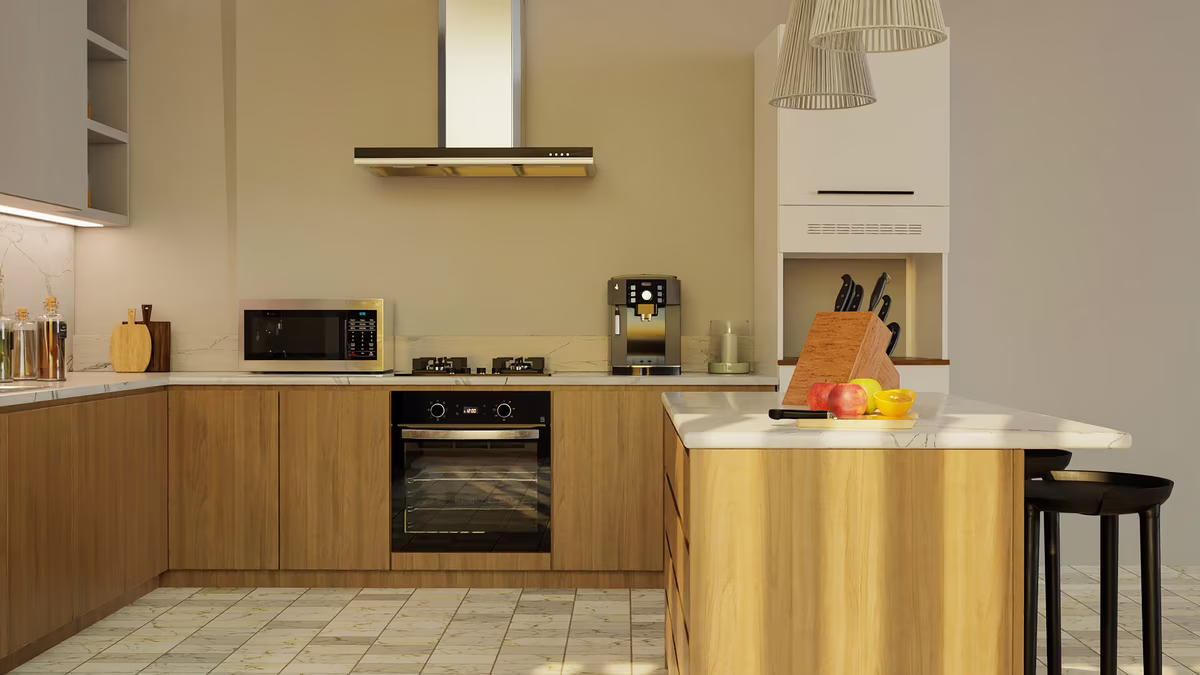 Modern L-shaped kitchen with warm wood cabinetry and marble-effect surfaces