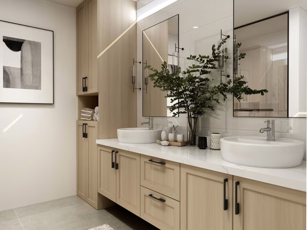 Contemporary bathroom with light wood vanity, vessel sinks, and minimalist decor