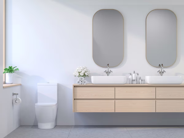Minimalist bathroom with floating light wood double vanity, capsule mirrors, and white vessel sinks against white walls