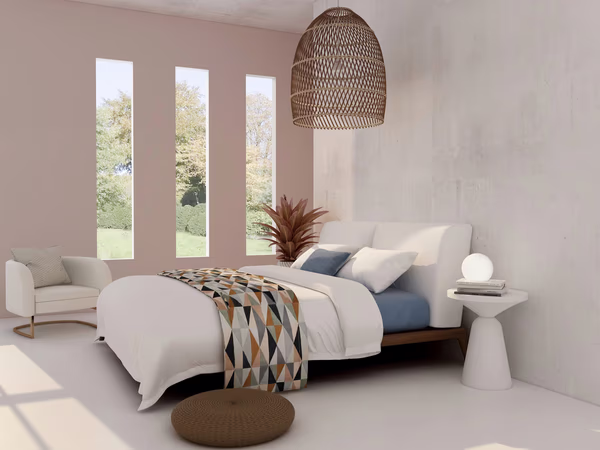 Scandinavian minimalist bedroom with natural textures and white walls