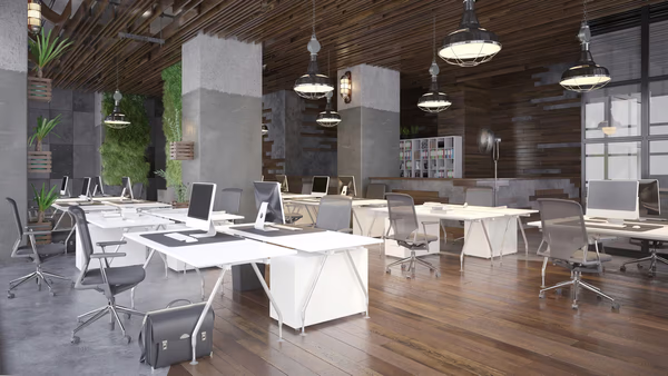 Sophisticated executive office with white desks, high-back chairs, and decorative wall panels