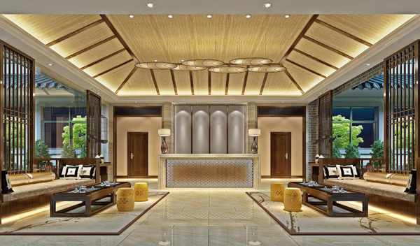 Elegant traditional lobby with wooden seating, decorative ceiling, and warm lighting