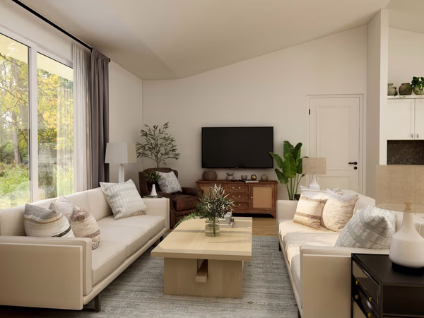 Bright modern living room with cream sofas and wooden accents