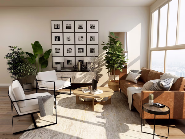 Modern living room with photo gallery wall and tan leather sofa