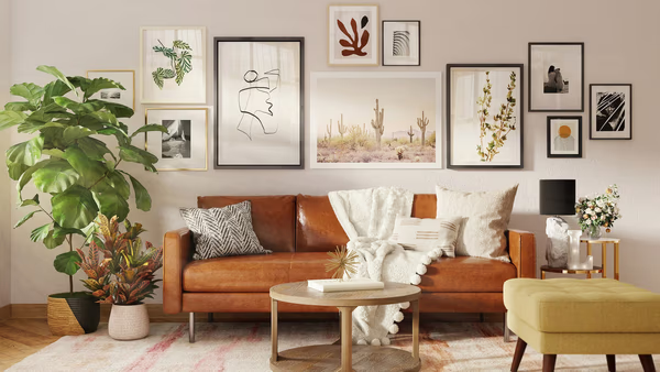 Bohemian living room with gallery wall and cognac leather sofa