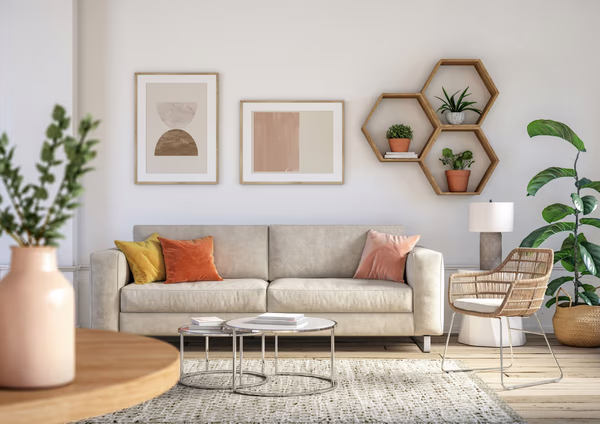 Scandinavian living room with hexagonal shelves and modern artwork
