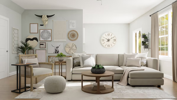 Modern bohemian living room with textural gallery wall and neutral furniture