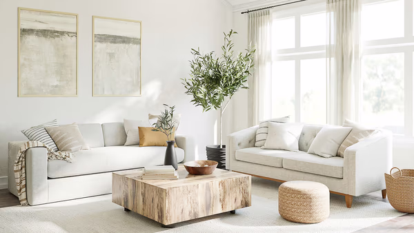 Minimalist living room with natural textures and abstract artwork