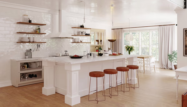 Modern white kitchen with wooden floating shelves and leather bar stools